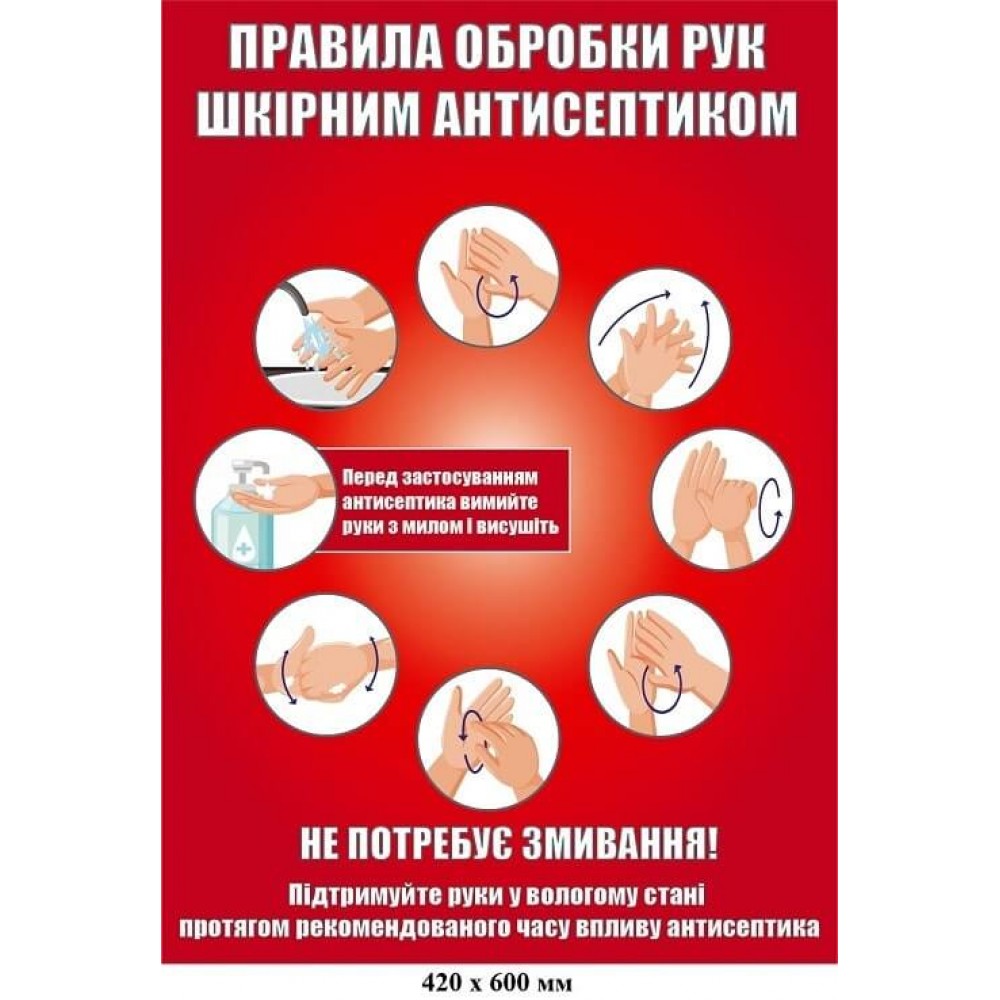 Правила обработки рук кожным антисептиком (красный)